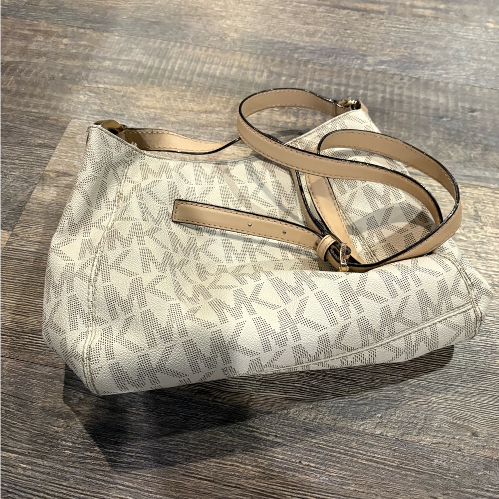 Michael Kors Cream and Tan Crossbody Bag with Monogram Design